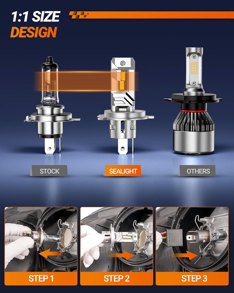 SEALIGHT مصابيح H4، 30000 لومن 8X سطوع مصابيح H4، 6500K مصابيح بيضاء باردة مع مروحة 15000 دورة في الدقيقة، توصيل وتشغيل، مقاومة للماء IP68، عبوة من 2 - Image 5